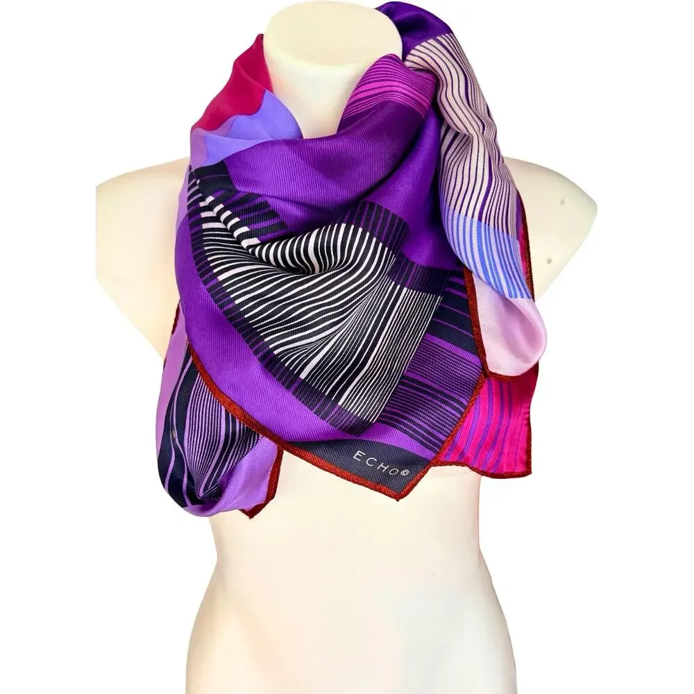 Vintage Echo 1980s Silk Geometric Color Block Abstract Scarf Purple Pink 35 x 35
